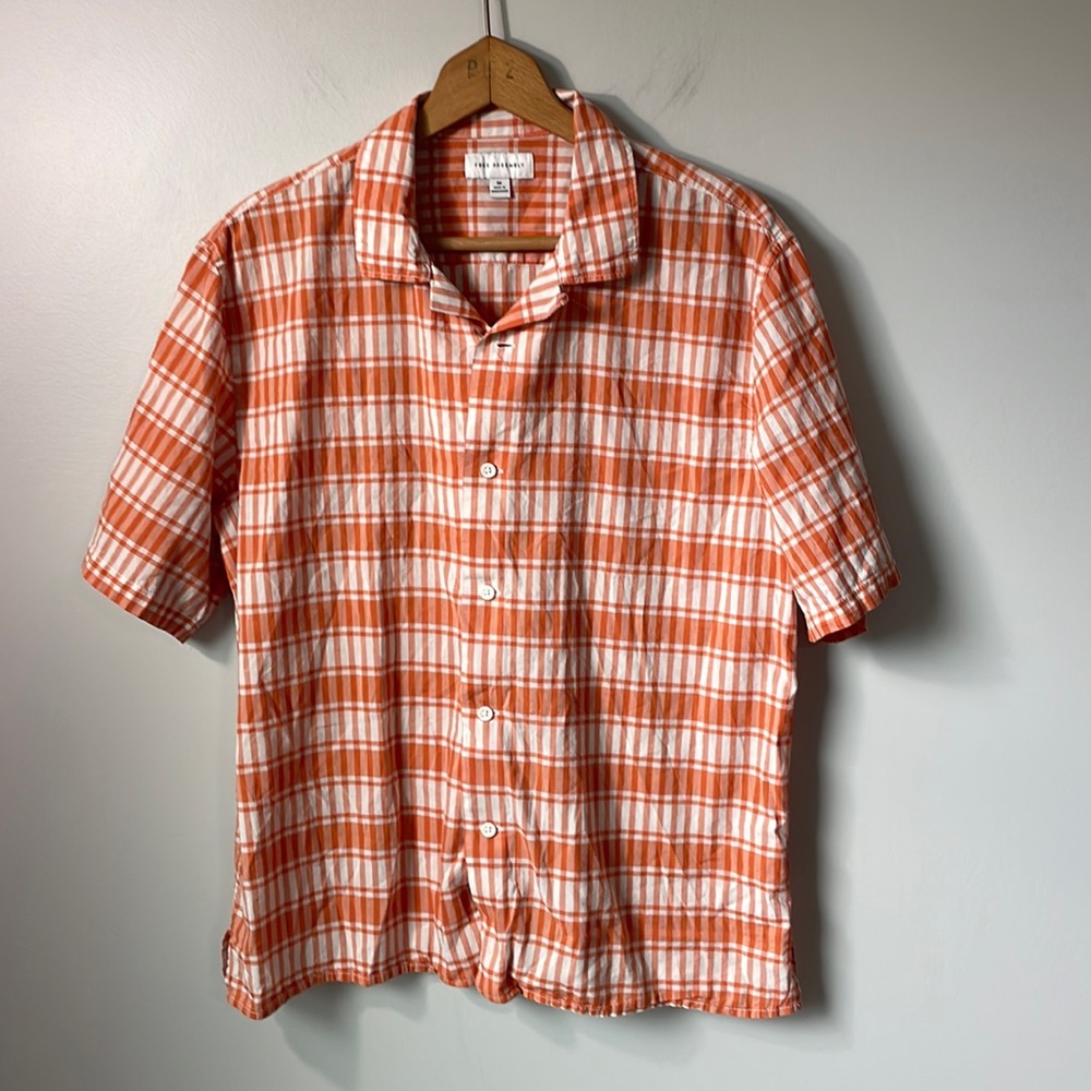 Free Assembly Shirt Mens M Orange/White Button Up Short Sleeve 100% Cotton